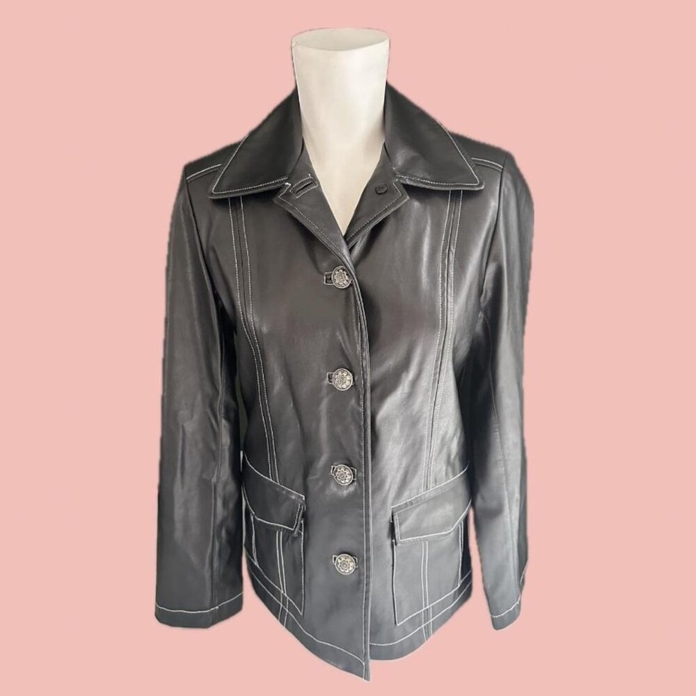 Vintage Nuage Black Leather Jacket – Contrast Stitching – Size S